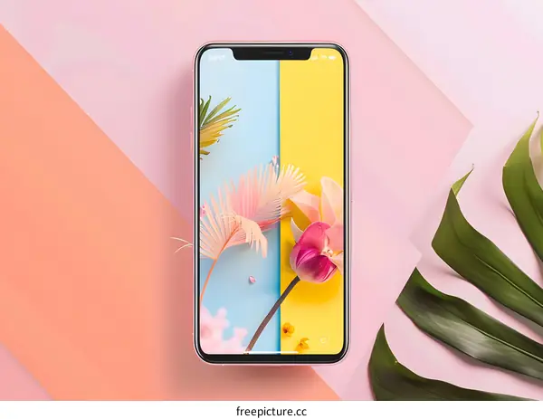 Pink Smartphone with Floral Wallpaper and Green Leaves