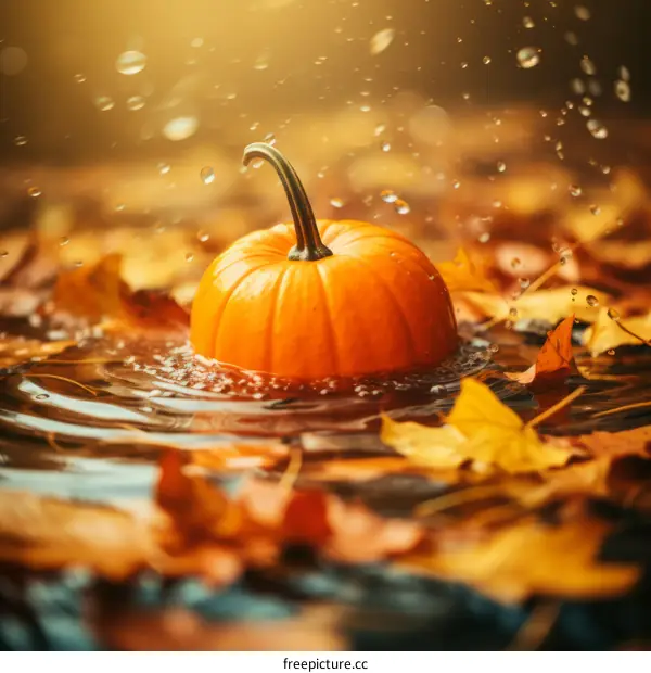 pumpkin floating in a puddle of water surrounded by fallen leaves