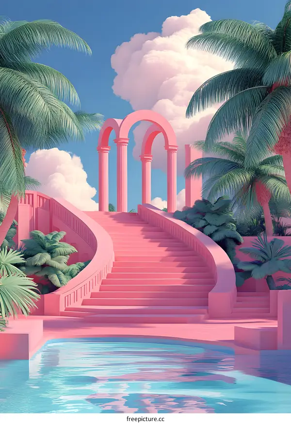 Pink Paradise with Palm Trees and Swimming Pool