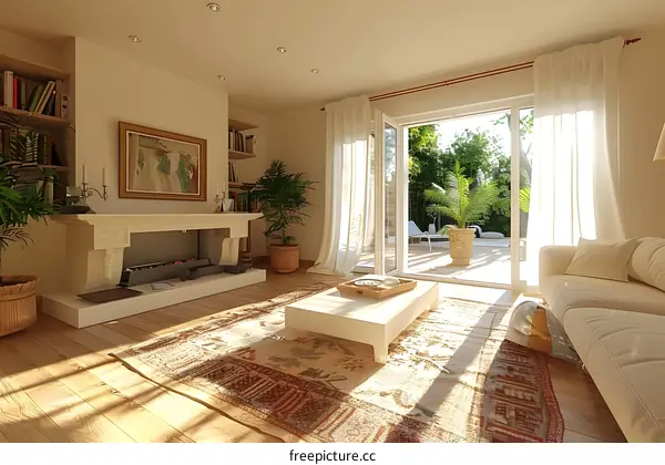 Beige Living Room With Fireplace And Garden View