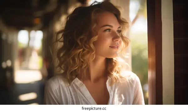 portrait of a beautiful young woman with curly blond hair wearing a white shirt