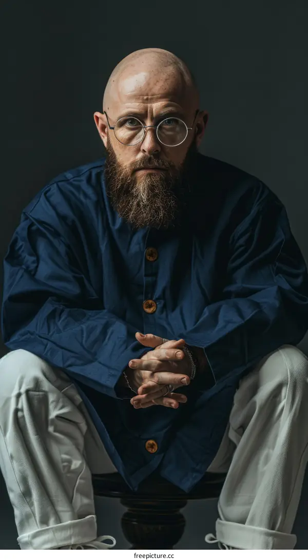 Bald man with beard wearing blue shirt and white pants
