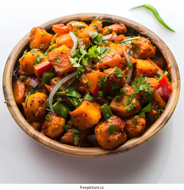 Spicy Potato Salad in a Wooden Bowl