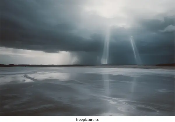 Dramatic storm clouds with sunbeams piercing through over a calm water surface
