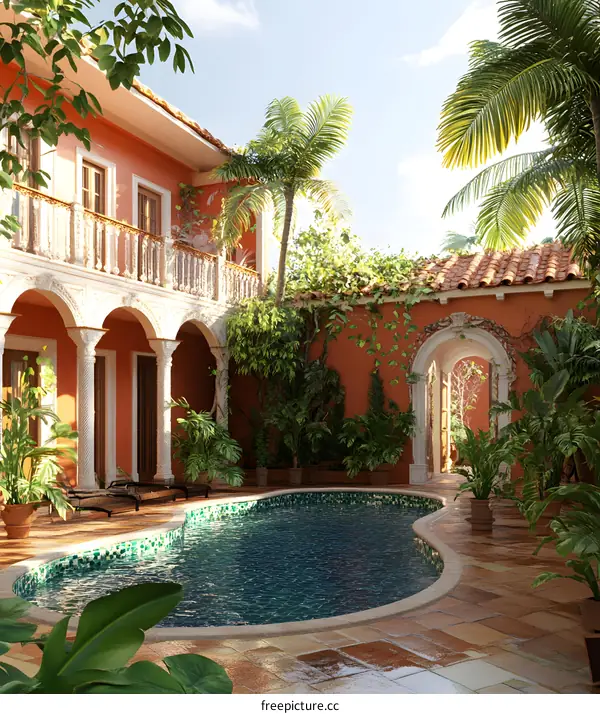 Tropical Courtyard Pool with Lush Greenery