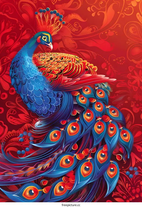 Peacock Illustration with Red Floral Background