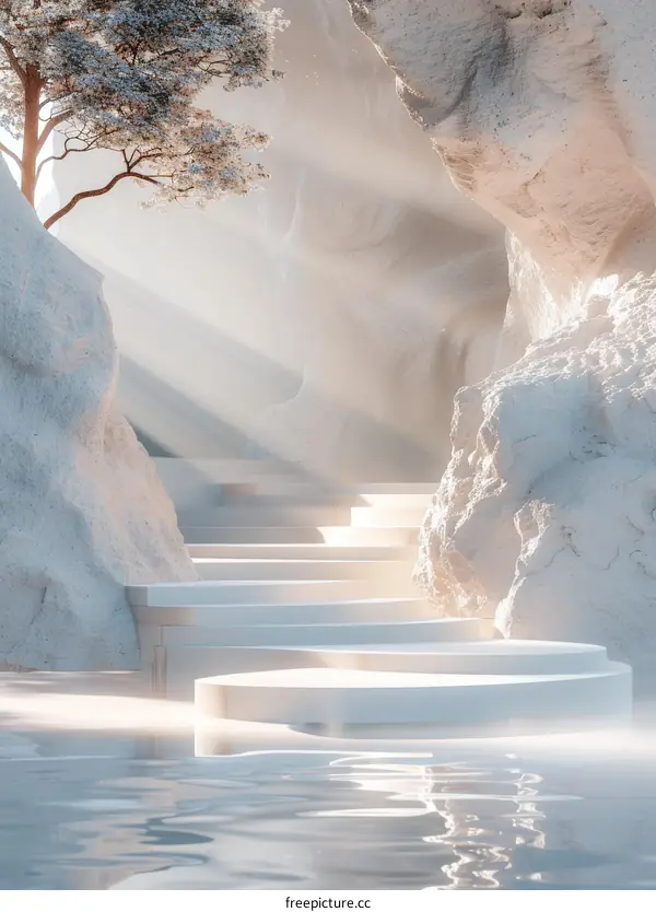 White Stone Podium with Water Reflection and Sunlight