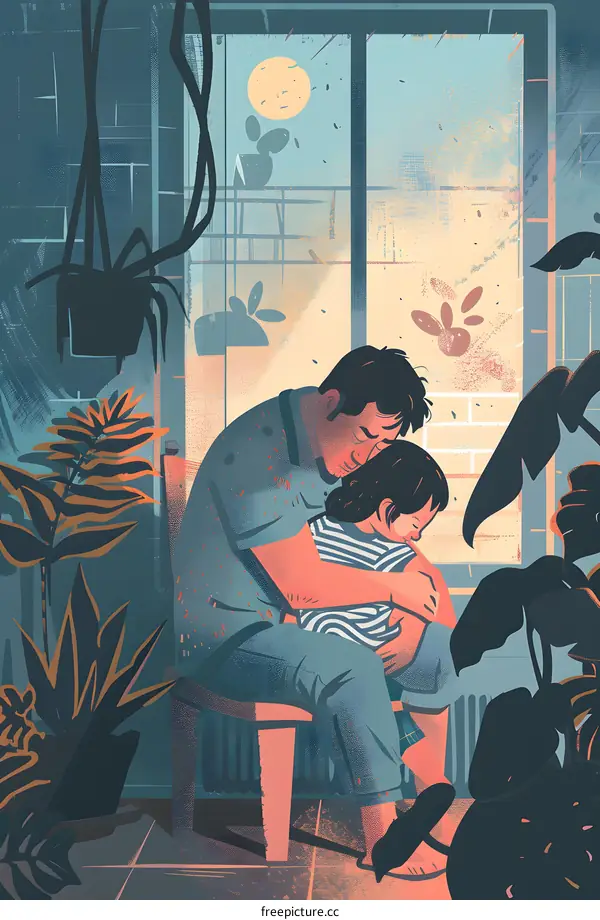 Father and Daughter Hugging in a Window