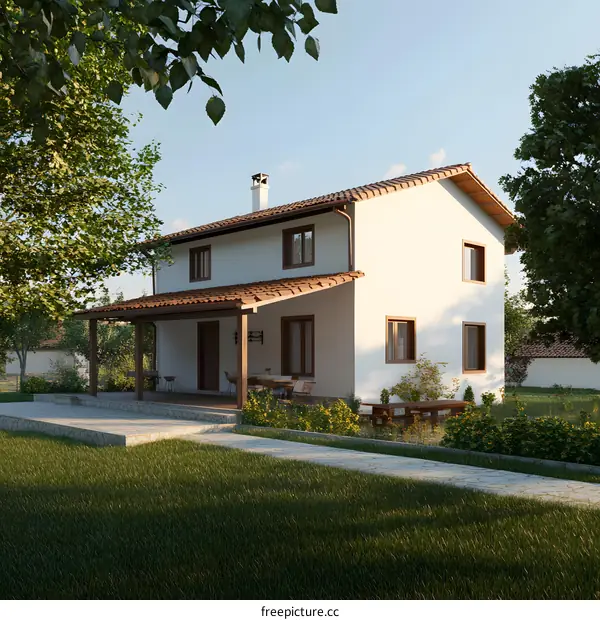 White House with Red Tile Roof and Brown Trim in a Green Grass Yard