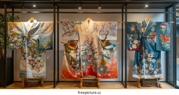 A variety of colorful kimono are displayed in a store.