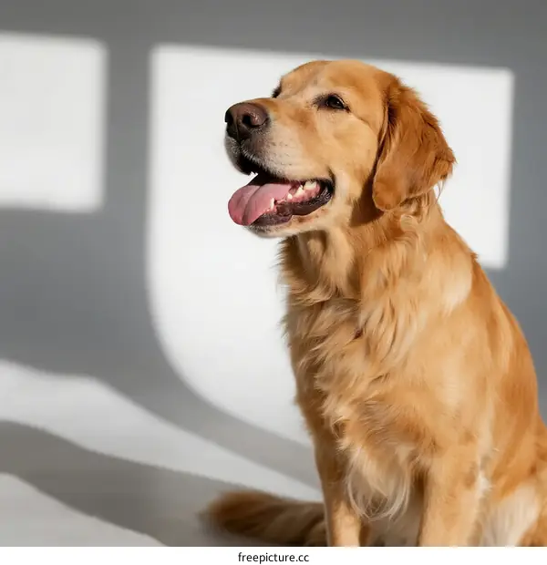 A golden retriever sitting and looking up with its tongue out