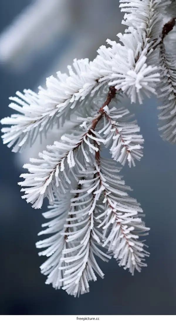 Close-up of a snow-covered fir branch against a blurred background