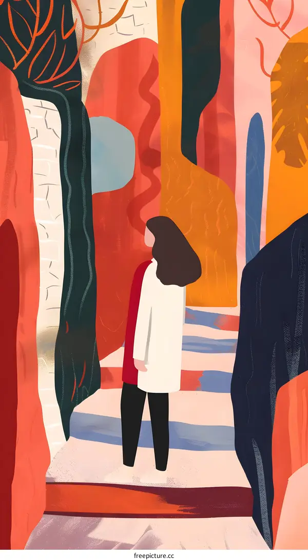 Woman in Red and White Standing on a Staircase in a Colorful Abstract Landscape