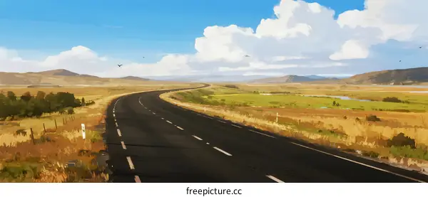 A long winding road stretching through a vast open countryside under a clear blue sky