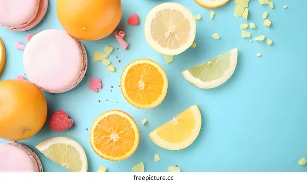 Colorful Fruit and Macarons on Blue Background