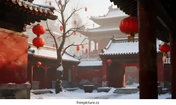 Ancient Chinese Temple Courtyard Covered with Snow and Decorated with Red Lanterns