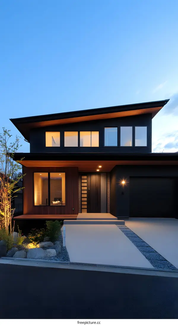 Modern Black House with Wood Accents and a Gravel Driveway