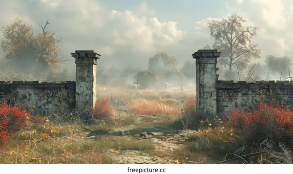 An overgrown and abandoned stone gate in a field