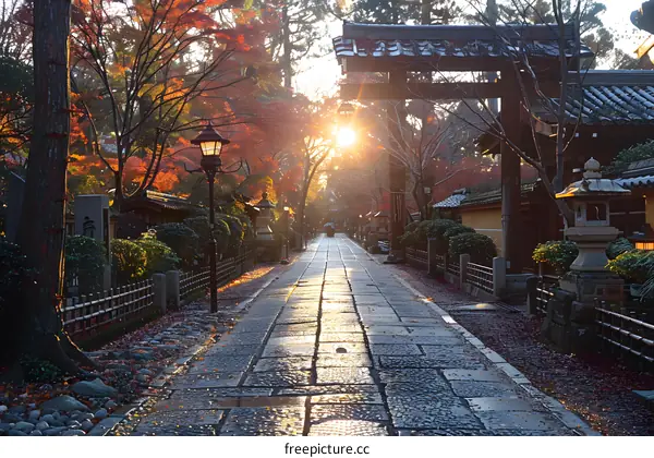 Stone path in a Japanese garden with red maple leaves in autumn