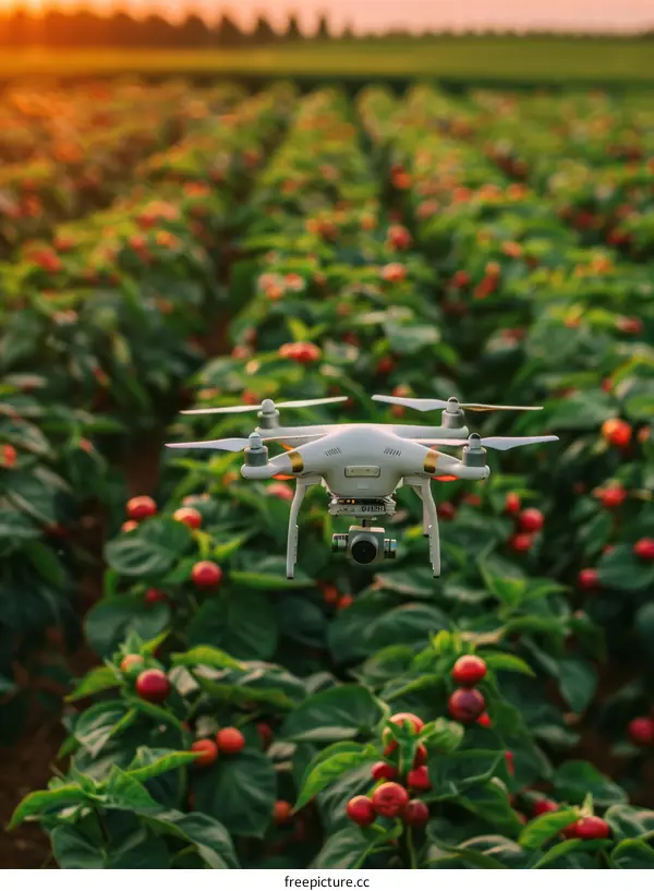 A white drone is flying over a field of red chili peppers