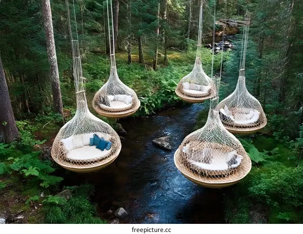 Suspended Beds Over River In Forest