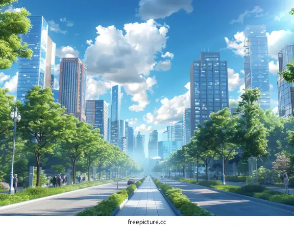 Modern Cityscape with Lush Green Trees
