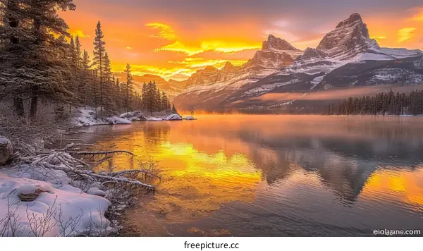 Sunrise over a mountain lake, casting a golden glow