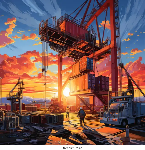 Illustration of a container ship being loaded at a port