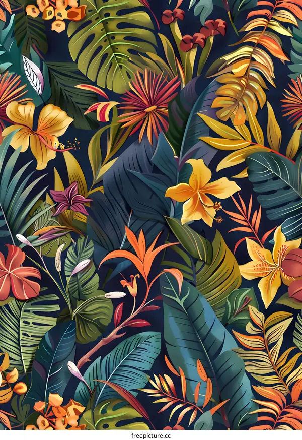 Tropical Seamless Pattern With Flowers And Leaves