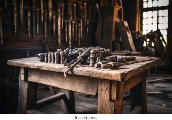 Blacksmith Tools on a Wooden Workbench