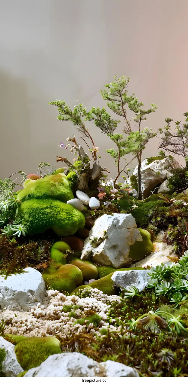 Miniature Green Landscape with Rocks and Moss