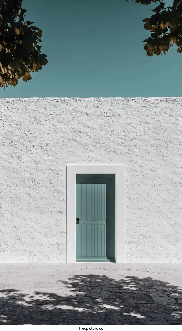 Green Door on a White Wall with a Blue Sky