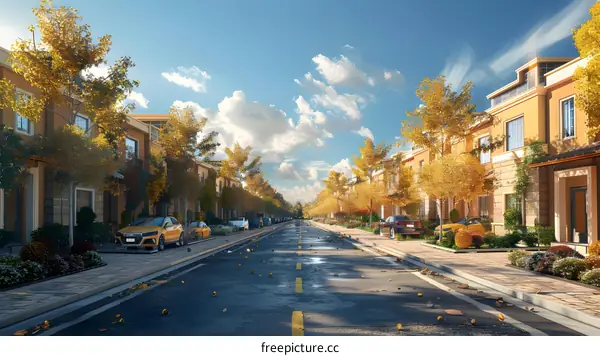 Autumn Day in a Suburb Street With Yellow Cars
