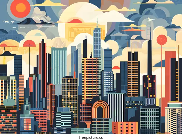 Abstract Cityscape Illustration with Buildings and Clouds