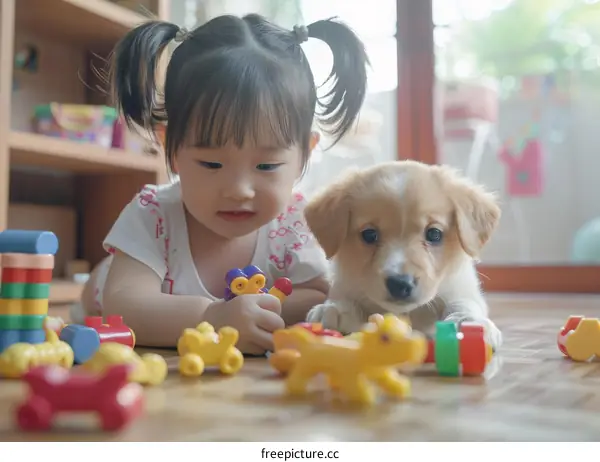 Asian toddler girl playing with a puppy