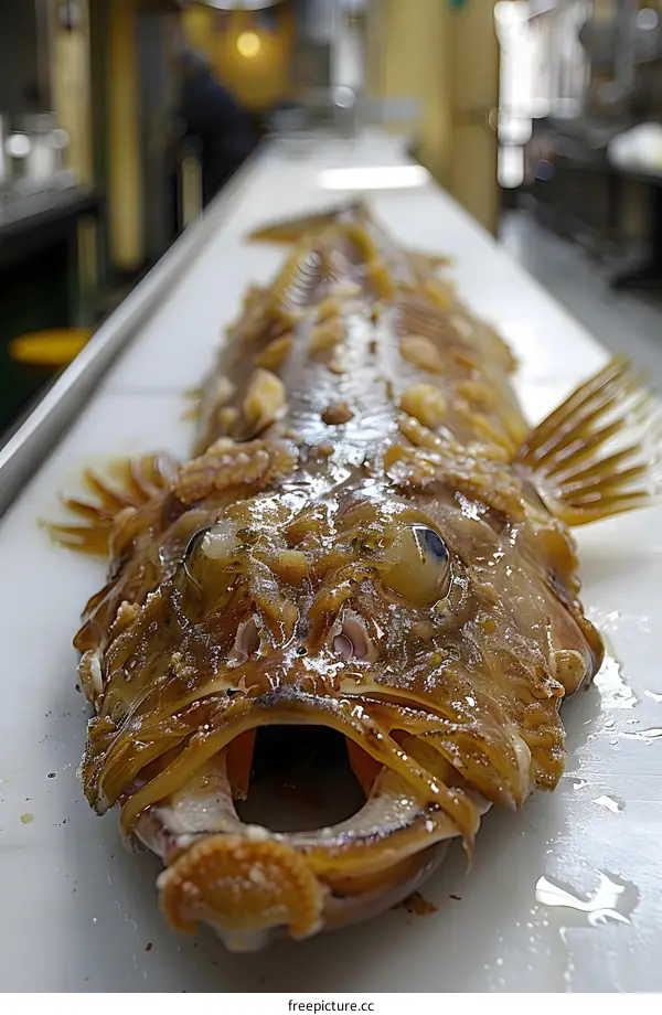 A large fish with big eyes and sharp teeth lies on a table