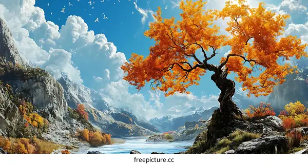 Autumn Landscape with Orange Tree and Mountains