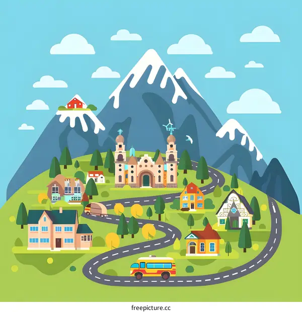 Mountain Village with Church and Winding Road