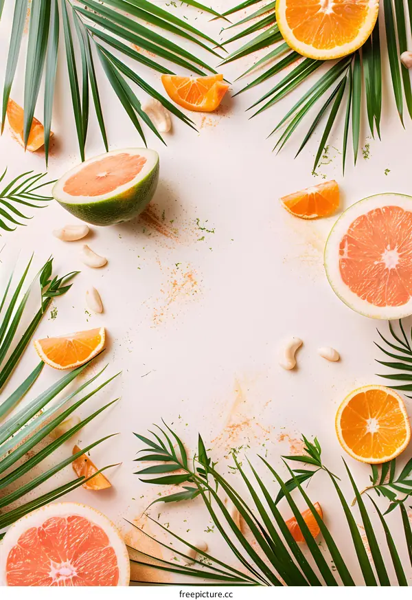 Summer Tropical Fruit Background with Orange, Grapefruit and Palm Leaves