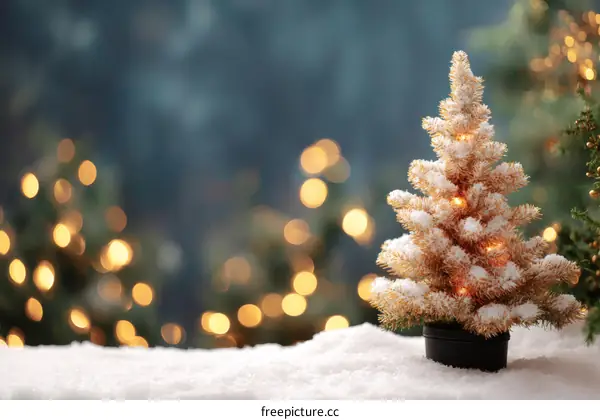 Small Gold Christmas Tree on Snow with Festive Lights