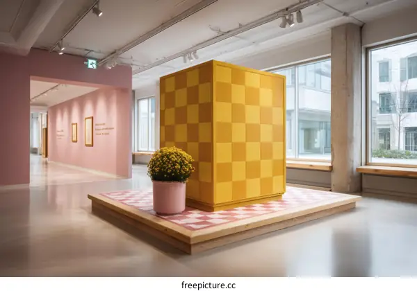 Modern Art Installation with Checkered Cube