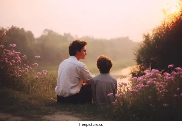 Two Young Men Relaxing Outdoors at Sunset
