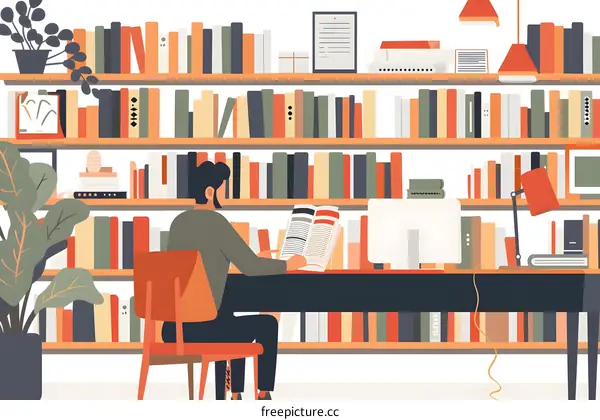 Man Reading Book At Desk In Front Of Bookcase