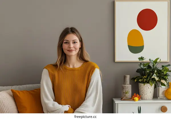 Woman Relaxing in Cozy Living Room with Modern Art