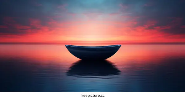 Lonely Boat in the Vast Ocean Under the Setting Sun