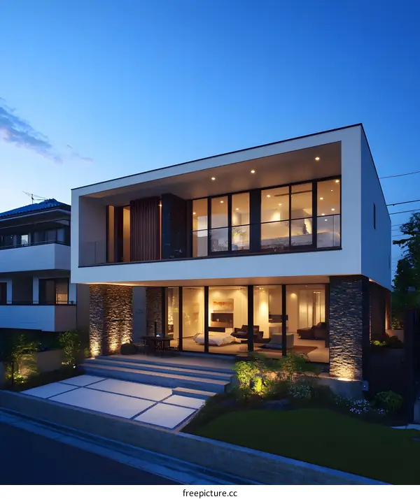Modern Two Story Home With Stone Walls And Large Windows