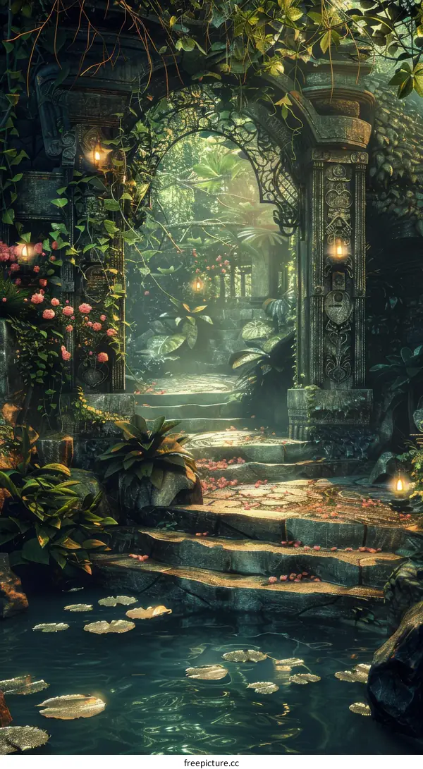 Mystical Garden Entrance: Stone Archway and Enchanted Path