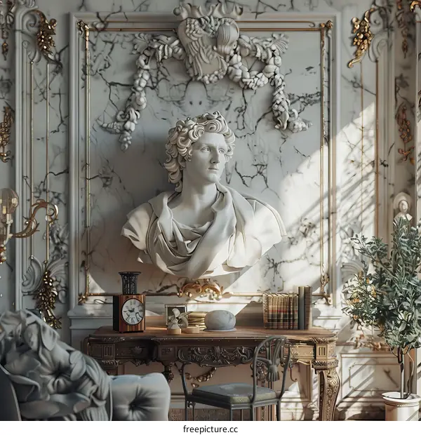 Elegant Baroque Interior Design Illustration with a Marble Bust