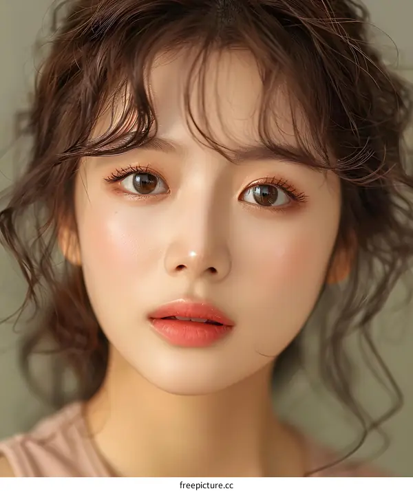 A close-up portrait of a young woman with brown hair and brown eyes. She is wearing a pink shirt and has a neutral expression on her face.