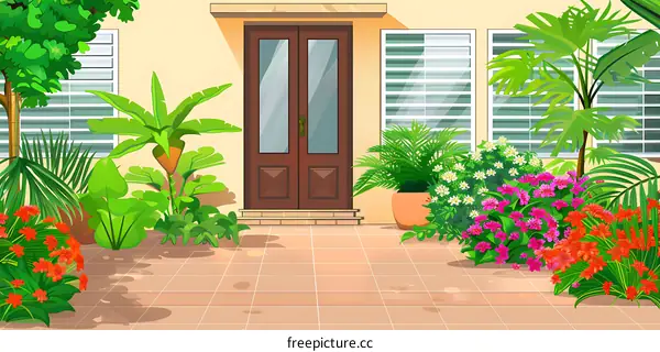Tropical Garden House Entrance with Double Doors